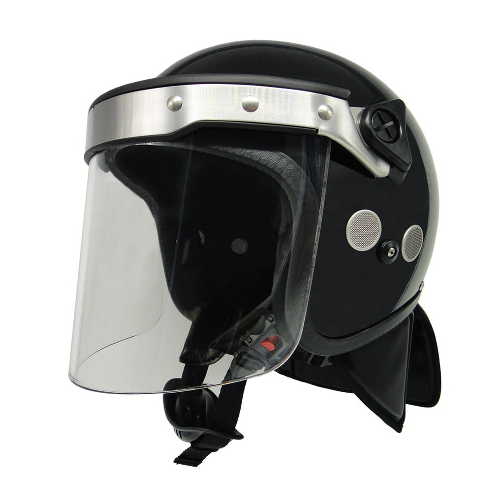 PROTEC-X riot control helmet angled front view with clear polycarbonate visor open, showing silver visor mount, side ventilation ports, chin strap, and neck guard, black finish on white background.
