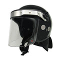 PROTEC-X riot control helmet angled front view with clear polycarbonate visor open, showing silver visor mount, side ventilation ports, chin strap, and neck guard, black finish on white background.