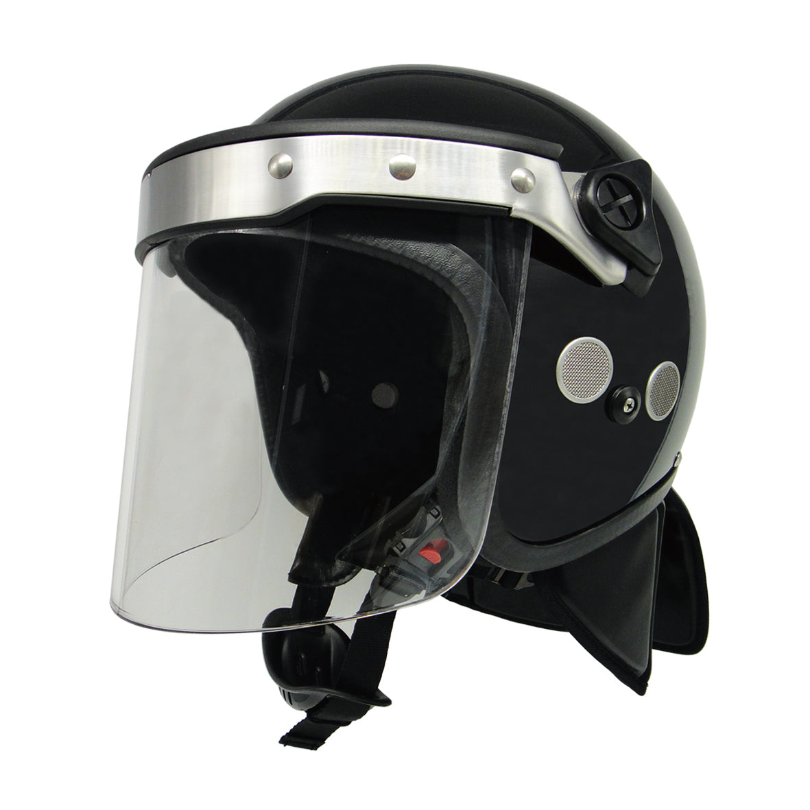 PROTEC-X riot control helmet angled front view with clear polycarbonate visor open, showing silver visor mount, side ventilation ports, chin strap, and neck guard, black finish on white background.