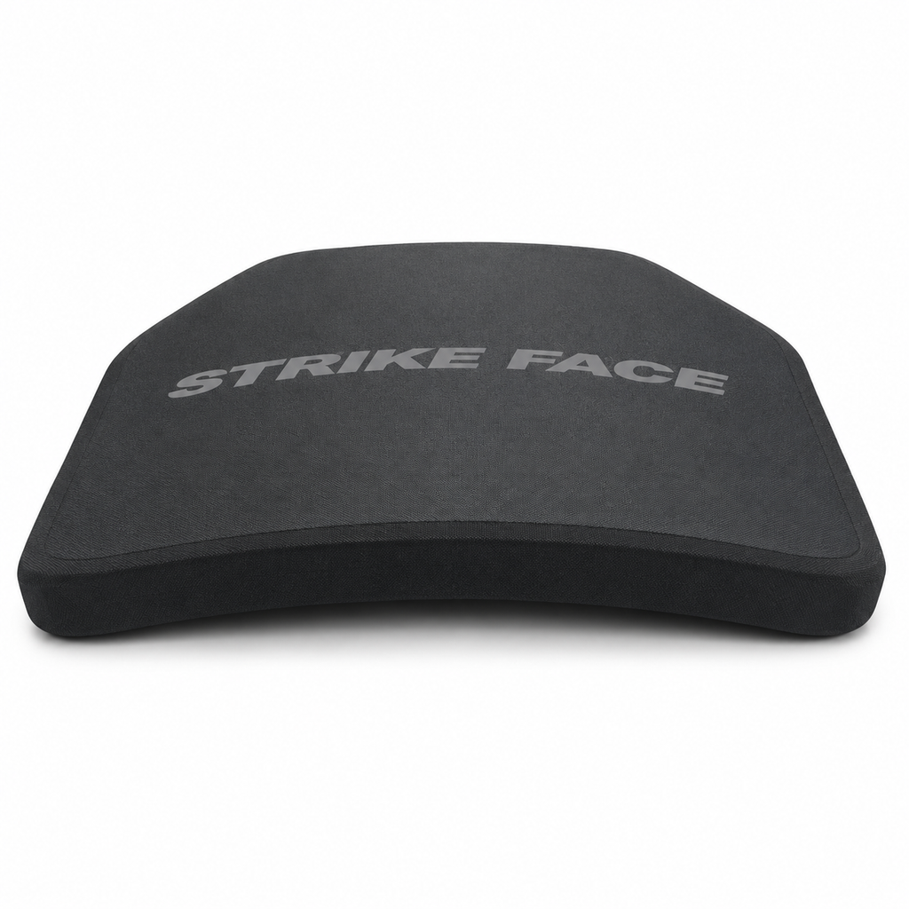 A black curved protective armor plate with the words 'STRIKE FACE' printed in gray across the top, shown on a plain white background.
