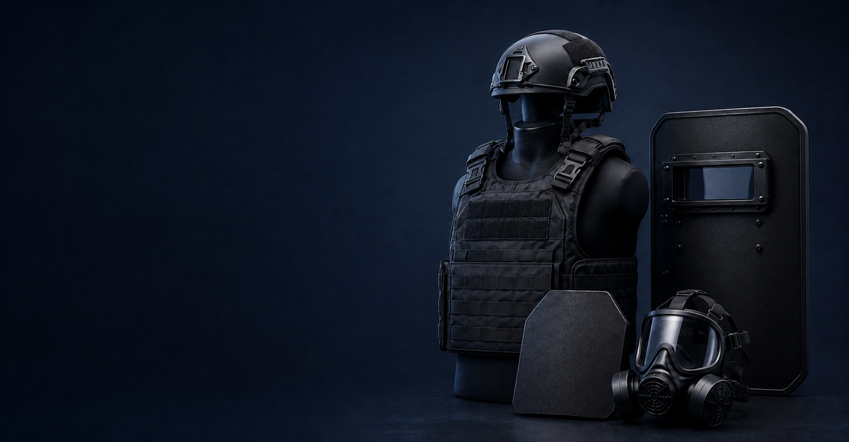 Black tactical gear displayed on a mannequin against a dark navy background, including a helmet, protective vest, shield, helmet, and gas mask.