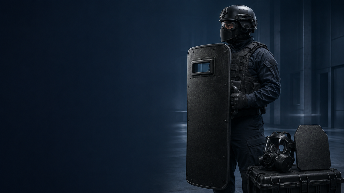 A person in full black tactical gear stands holding a large black riot shield in a dark blue-lit indoor setting. A black gas mask and another shield rest on a case beside them.