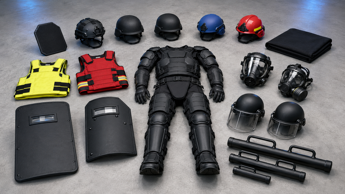 A tactical riot gear set arranged on a gray floor, including a black armored body suit, multiple black helmets, two helmets with blue and red visors, two black shields, two yellow-and-black vests, two red-and-black vests, two gas masks, and several black batons.