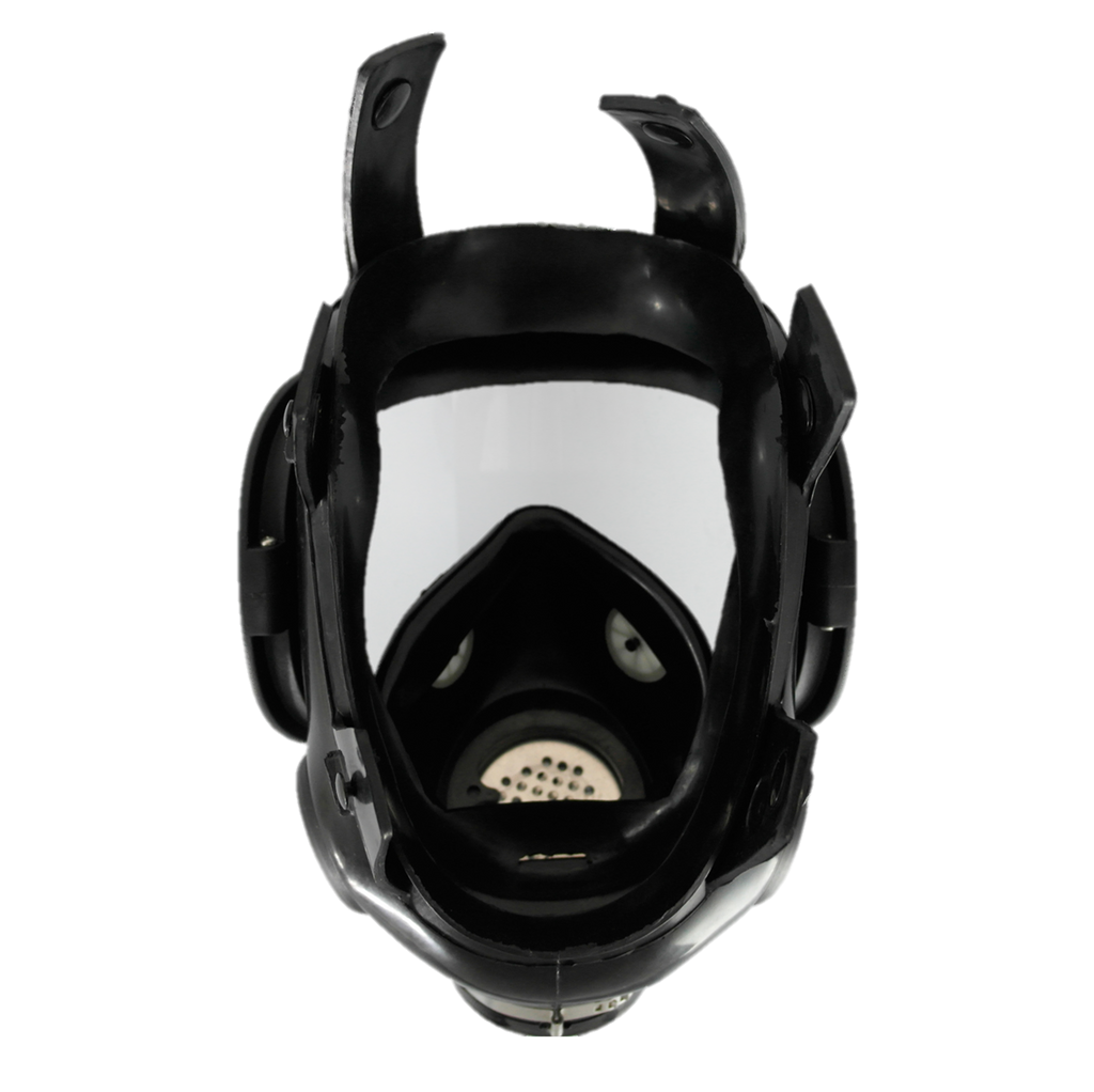 FreshTac full-face gas mask interior front view showing large panoramic clear lens, rubber face seal, dual side filter canister ports, and chin-mounted exhalation valve, black rubber construction on transparent background.