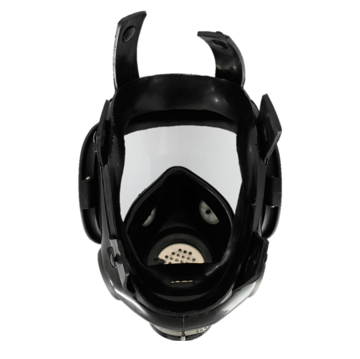 FreshTac full-face gas mask interior front view showing large panoramic clear lens, rubber face seal, dual side filter canister ports, and chin-mounted exhalation valve, black rubber construction on transparent background.