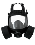 FreshTac full-face gas mask front view showing wide panoramic clear lens, black rubber face seal, dual cylindrical filter canisters on each side, and adjustable head harness straps, on transparent background.