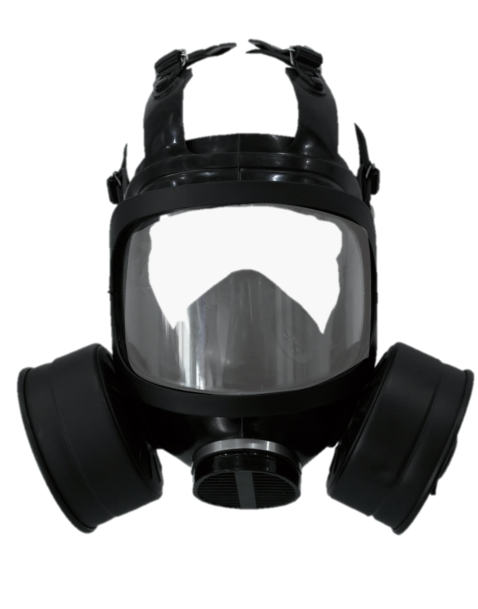 FreshTac full-face gas mask front view showing wide panoramic clear lens, black rubber face seal, dual cylindrical filter canisters on each side, and adjustable head harness straps, on transparent background.