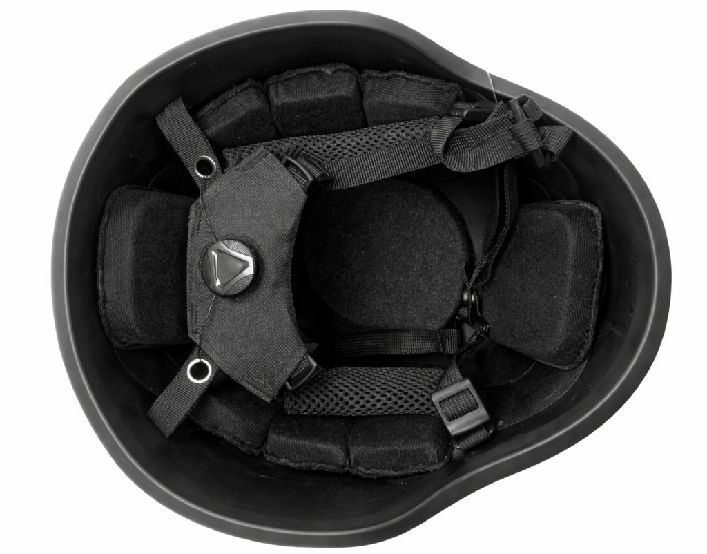 MICH ballistic helmet interior overhead view showing modular foam padding system, mesh retention harness, retention dial, and chin strap attachment points, on white background.