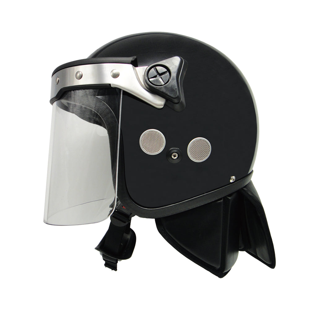 PROTEC-X riot control helmet side profile view with clear polycarbonate visor open, showing silver visor locking mechanism, dual side ventilation ports, chin strap, and neck guard, black finish on white background.