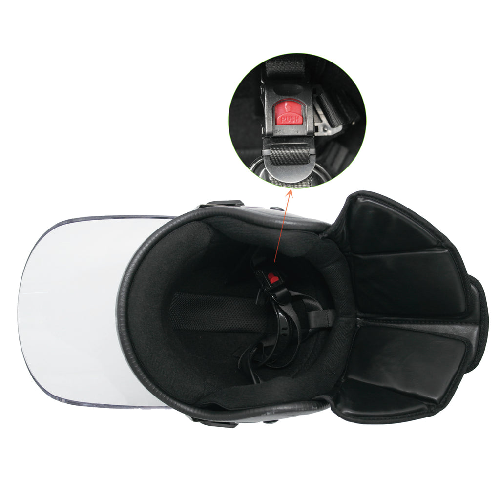 PROTEC-X riot control helmet interior overhead view showing black padding system, segmented neck guard, chin strap with red push-button quick-release buckle, and inset close-up detail of the buckle mechanism, on white background.