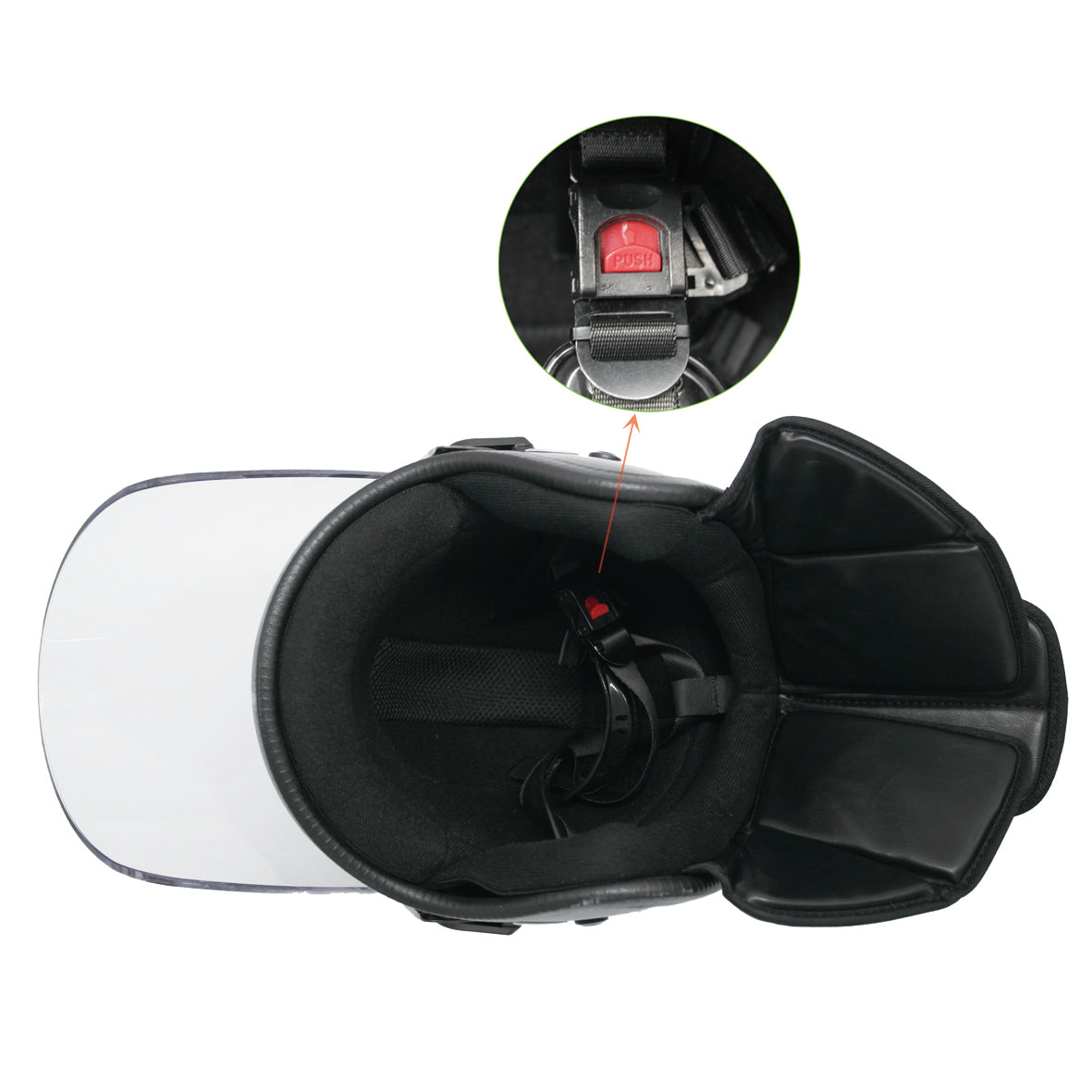 PROTEC-X riot control helmet interior overhead view showing black padding system, segmented neck guard, chin strap with red push-button quick-release buckle, and inset close-up detail of the buckle mechanism, on white background.