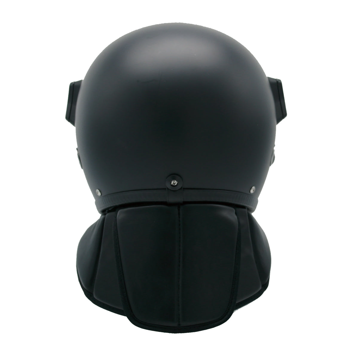 PROTEC-X riot control helmet rear view showing segmented neck guard, visor hinge mounts on both sides, and chin strap hardware, matte black finish on white background.