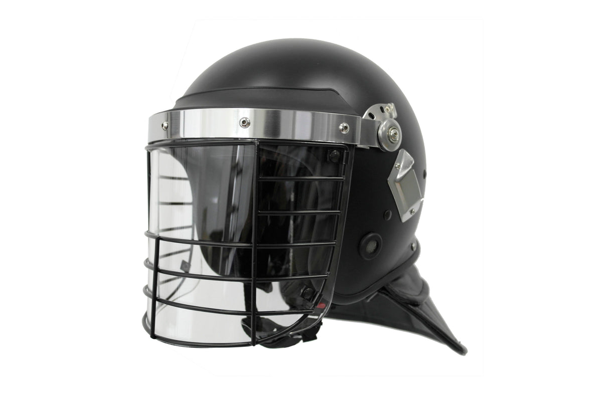 Terminator-X riot control helmet angled view showing black dome shell, full-face wire cage visor with chrome mounting bar, and neck guard, on white background.