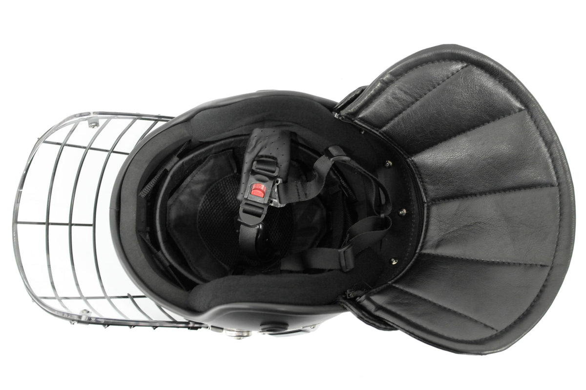 Terminator-X riot control helmet interior overhead view showing black padding, chin strap with red quick-release buckle, retention harness, and extended neck guard, on white background.
