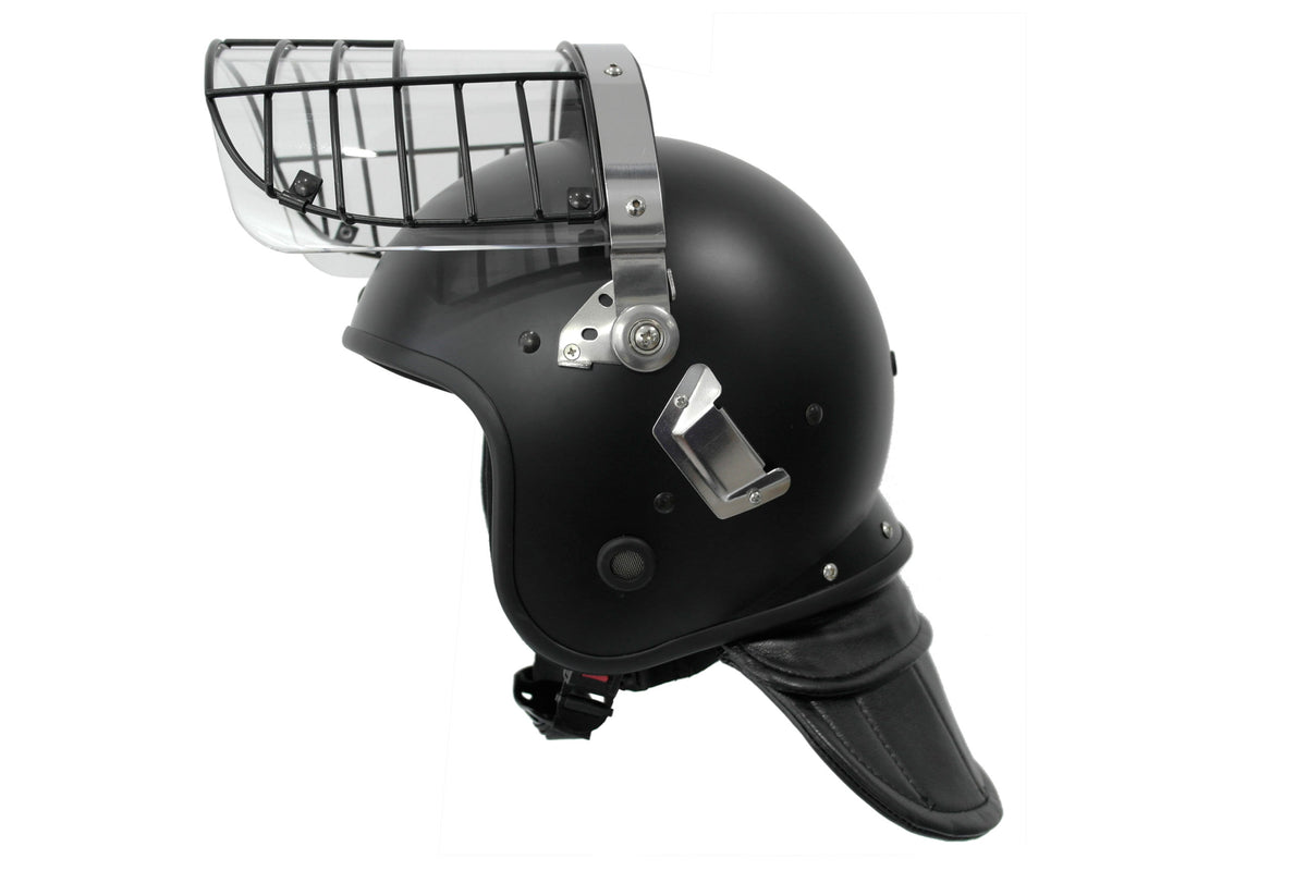 Terminator-X riot control helmet side profile view with wire cage visor raised open, showing chrome hinge mechanism and neck guard, black finish on white background.
