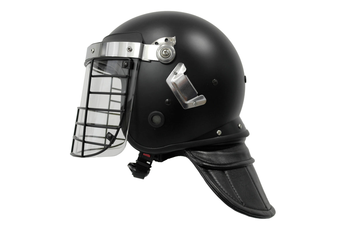 Terminator-X riot control helmet side profile view with wire cage visor in closed position, showing chrome hinge and latch mechanism and neck guard, black finish on white background.