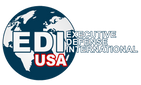 A logo featuring a dark blue globe with white landmasses and the text 'EDI USA' in large white and red letters, alongside 'EXECUTIVE DEFENSE INTERNATIONAL' in blue outlined text on a white background.