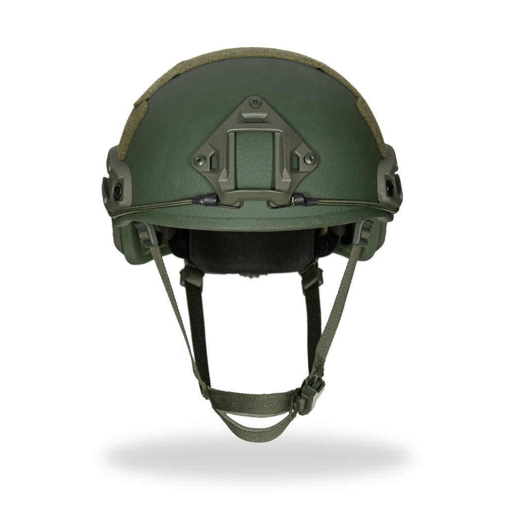 Green military helmet with a white background