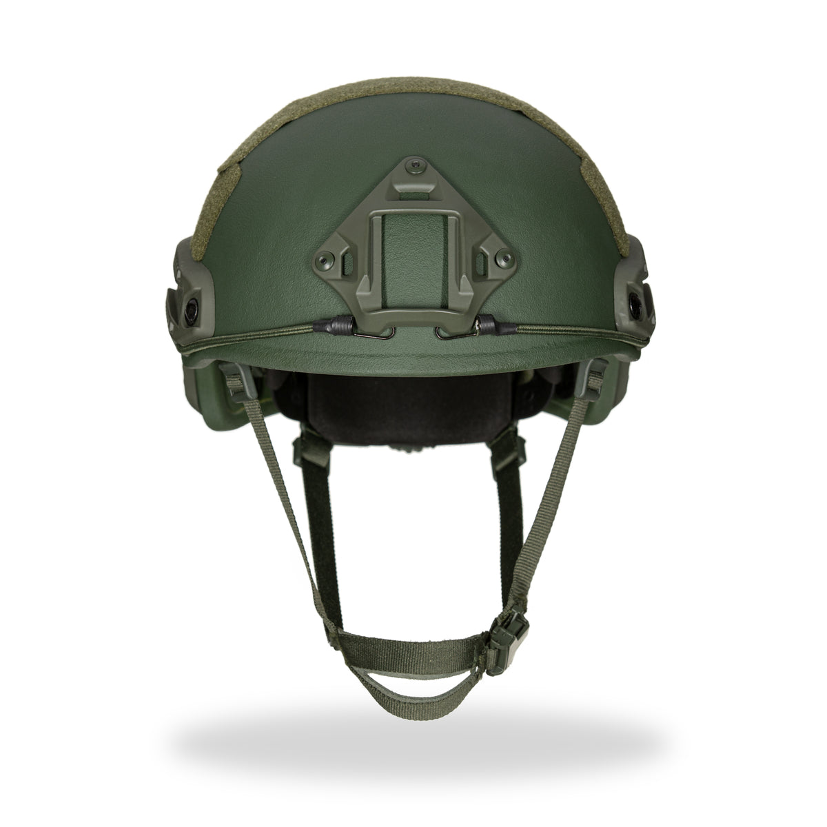 Green military helmet with a white background