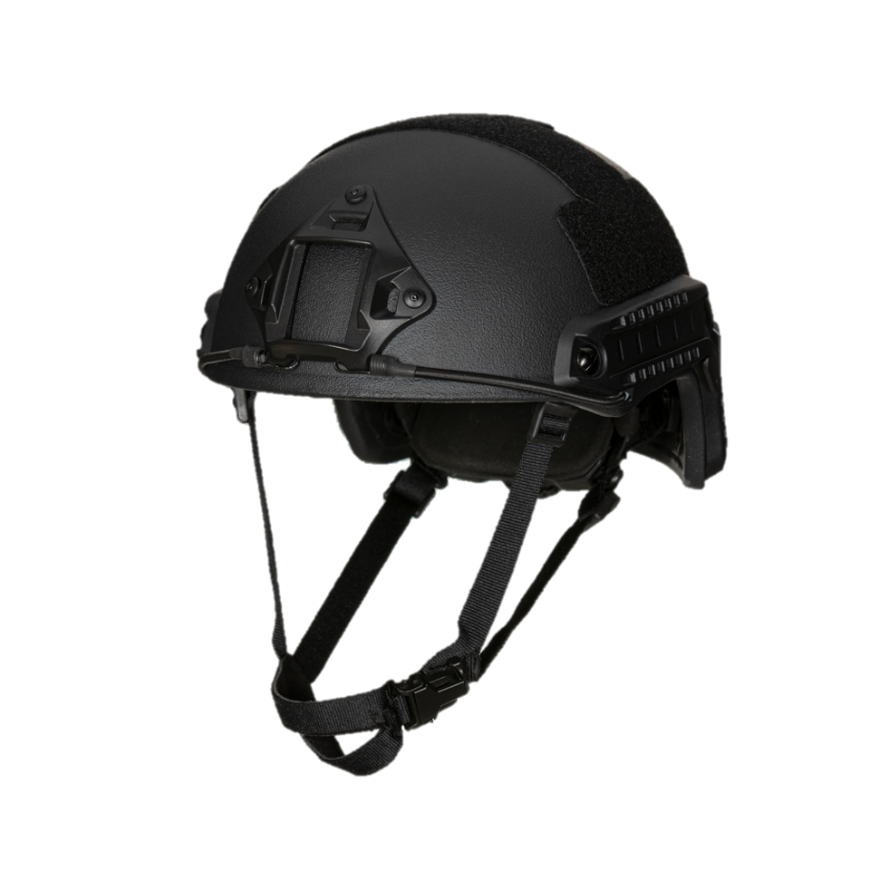 Black tactical helmet with chin strap on a white background