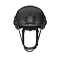 Black tactical helmet with chin strap on a white background