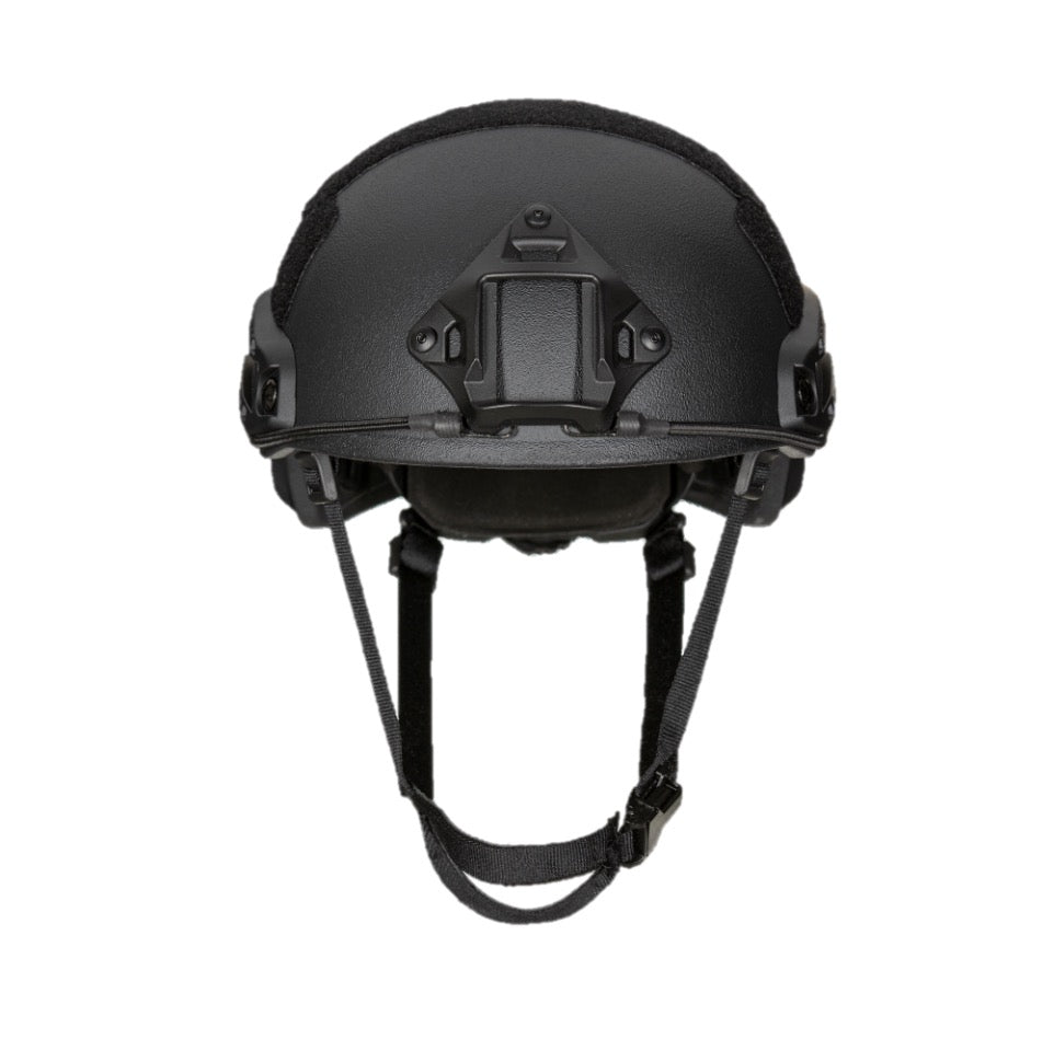 Black tactical helmet with chin strap on a white background