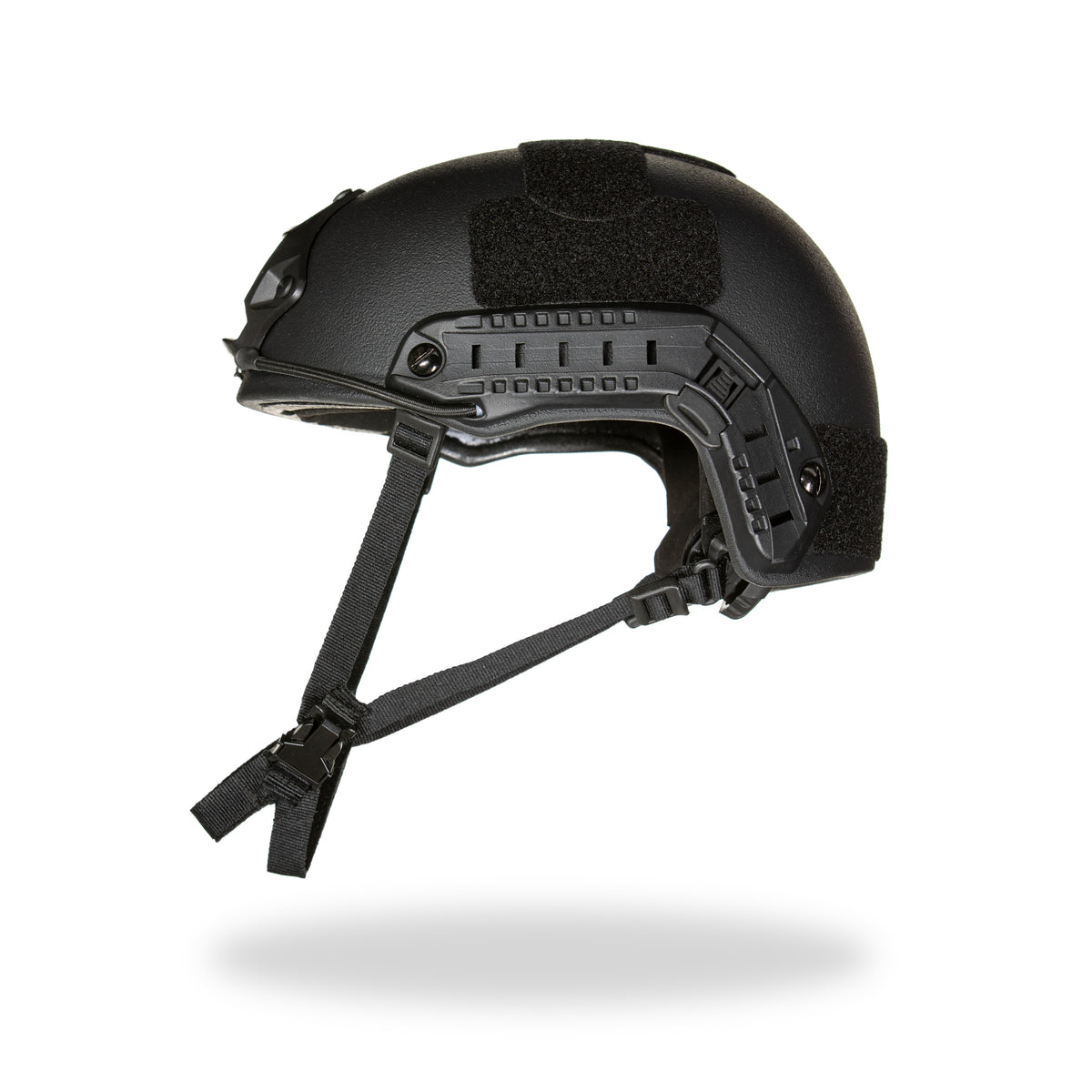 Black tactical helmet with chin strap on a white background