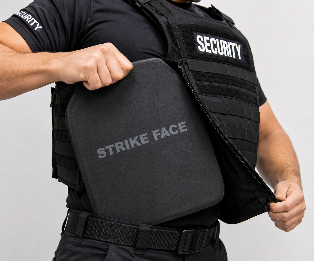 A close-up of a person wearing a black tactical vest and black shirt, pulling open the vest to reveal a black rectangular impact-absorbing plate with the words "STRIKE FACE" printed on the front.