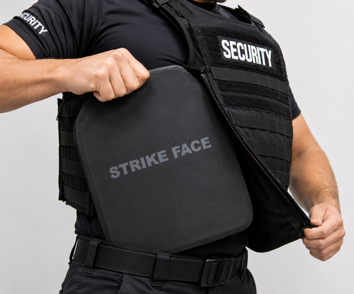 A close-up of a person wearing a black tactical vest and black shirt, pulling open the vest to reveal a black rectangular impact-absorbing plate with the words "STRIKE FACE" printed on the front.