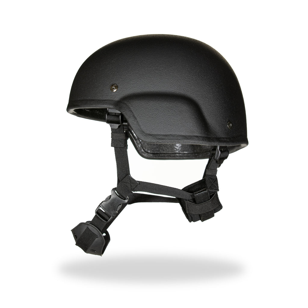 MICH ballistic helmet side profile view showing matte black shell, padded suspension system, and four-point chin strap with quick-release buckle, on white background.