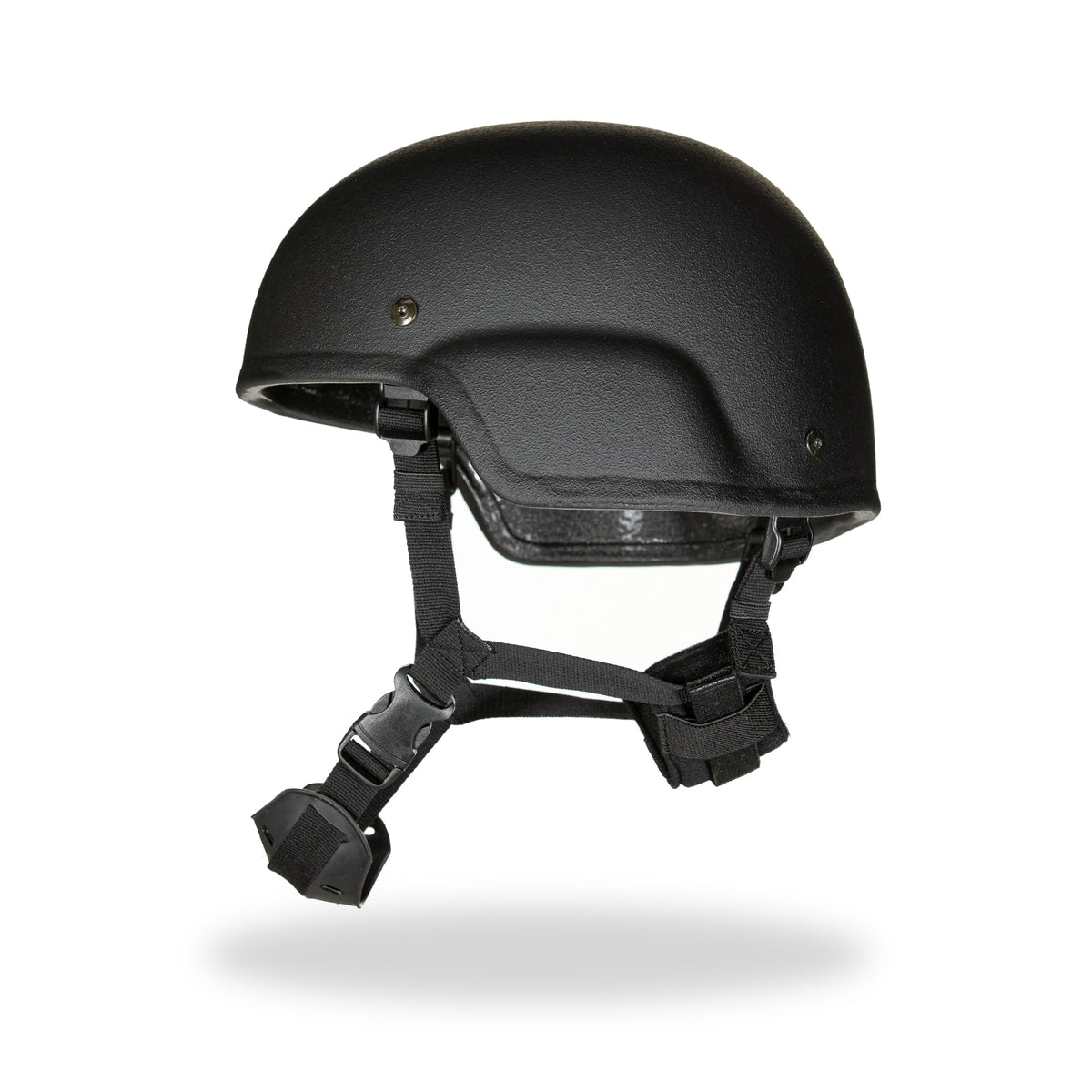 MICH ballistic helmet side profile view showing matte black shell, padded suspension system, and four-point chin strap with quick-release buckle, on white background.