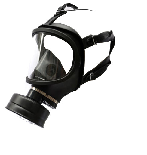 Full-face black gas mask with wide panoramic clear lens, rubber face seal, single round filter canister, and adjustable head harness straps, angled view on white background.