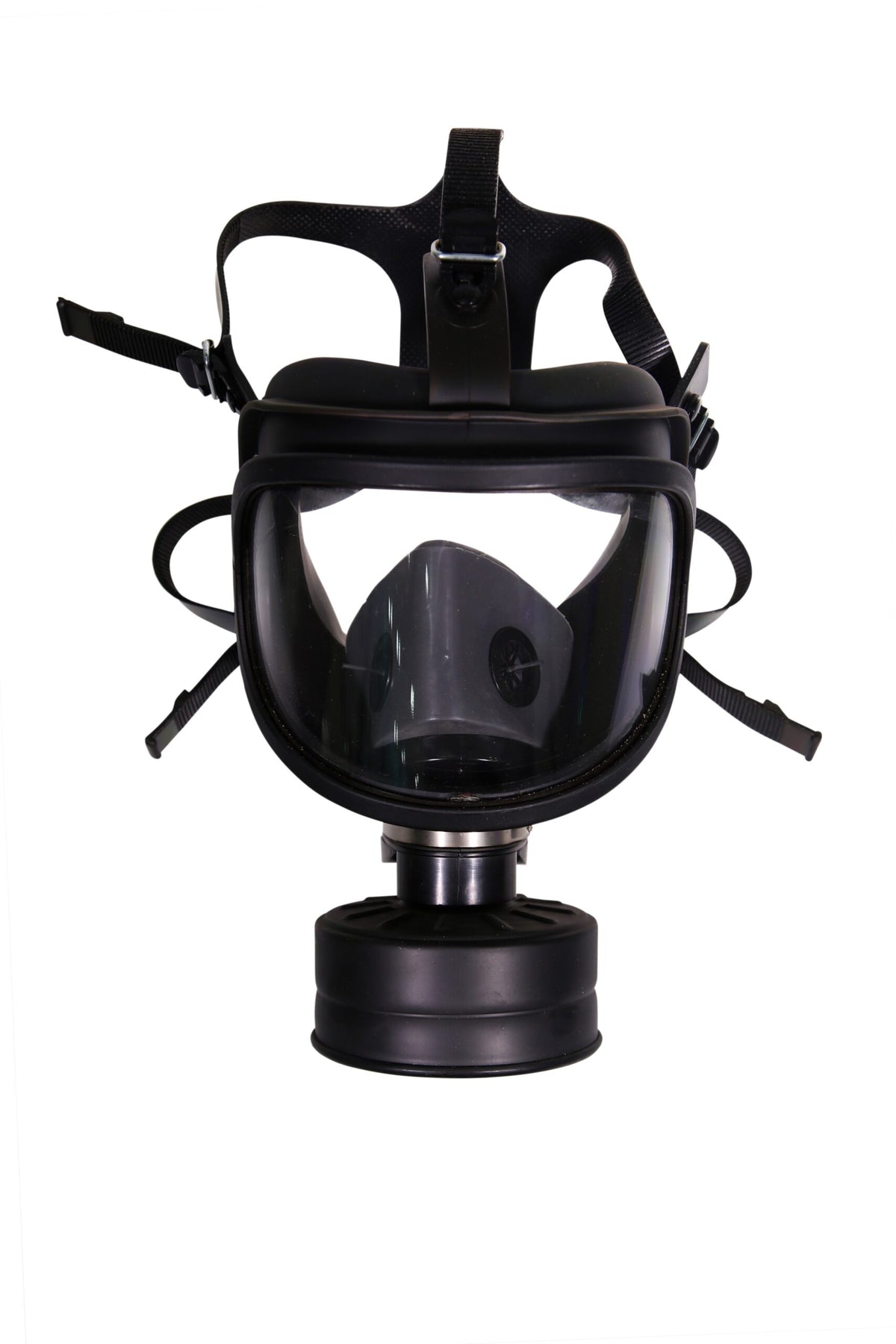 Black gas mask with clear face shield on a white background