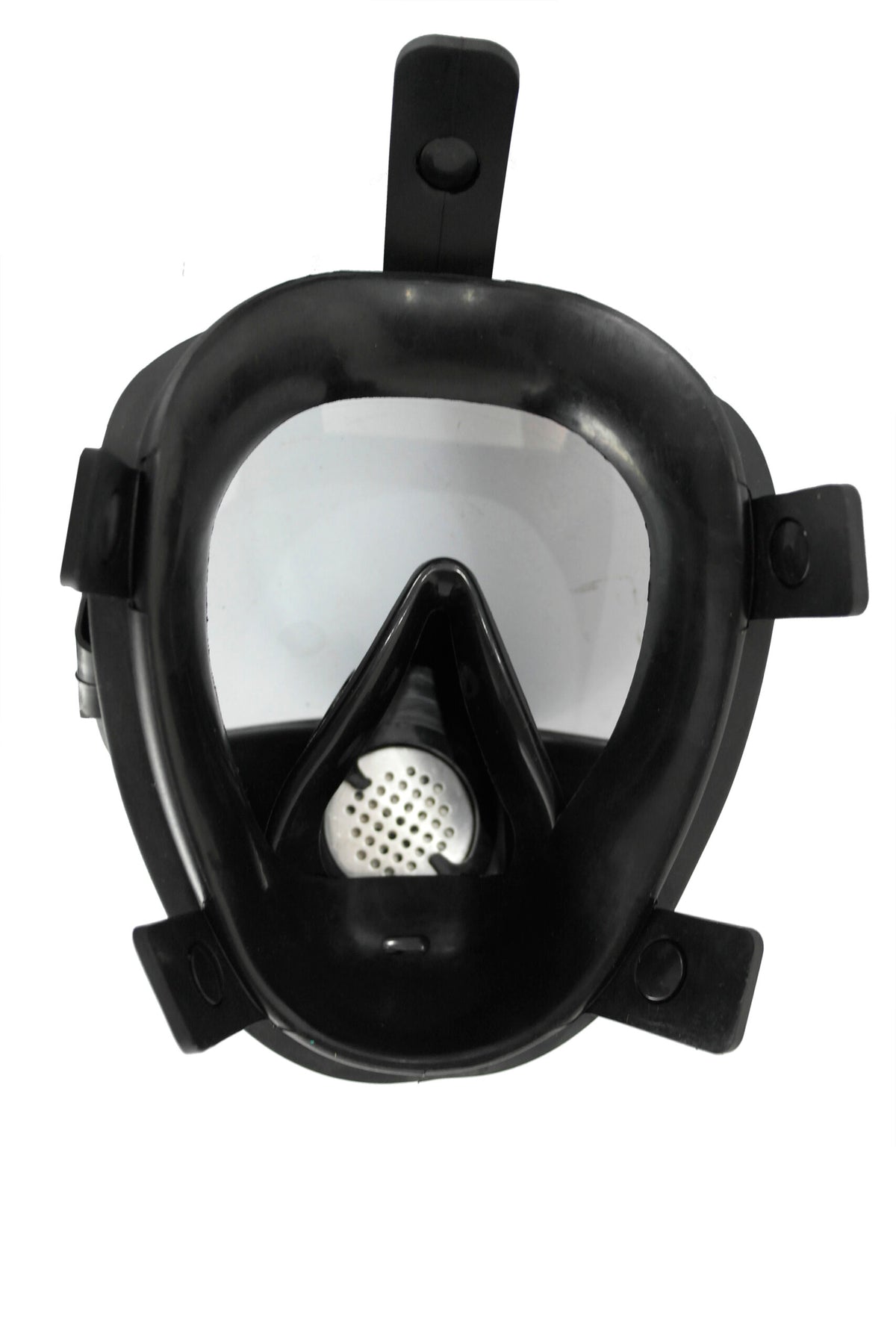 Black full-face gas mask interior view on a white background